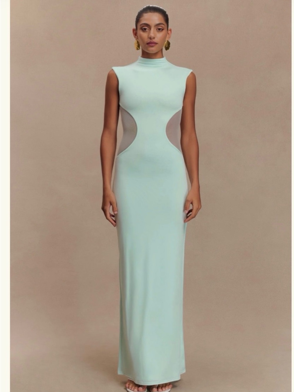 Meshki Mint Sculpted-Cut High Neck Maxi Dress